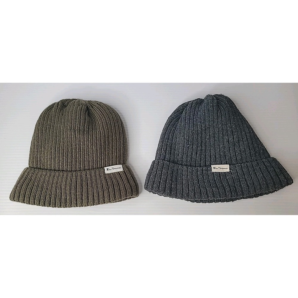 2 Ben Sherman Faux Fur Lined Winter Knit Beanie Hat -‎ Grey & Olive Green EUC